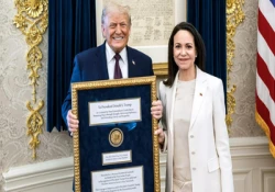 Maria Corina Machado presented her Nobel Peace Prize medal to Donald Trump during a White House visit, although the award cannot be formally transferred.
